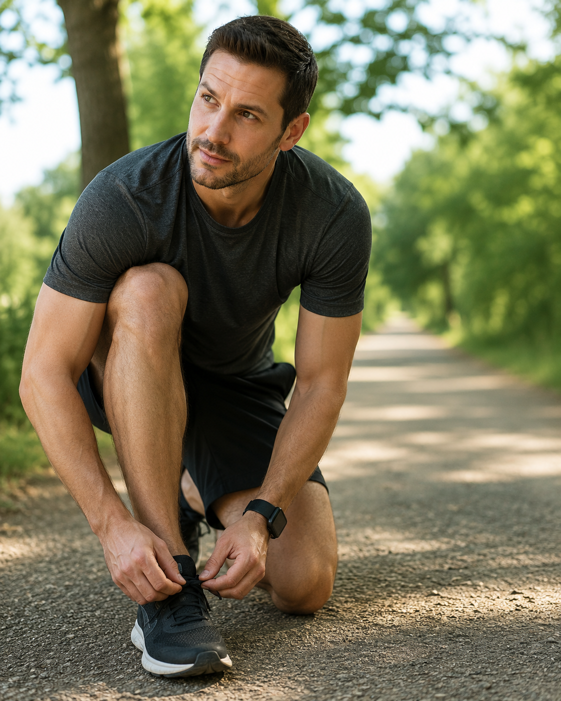 Runner tying his shoes before a run without glasses