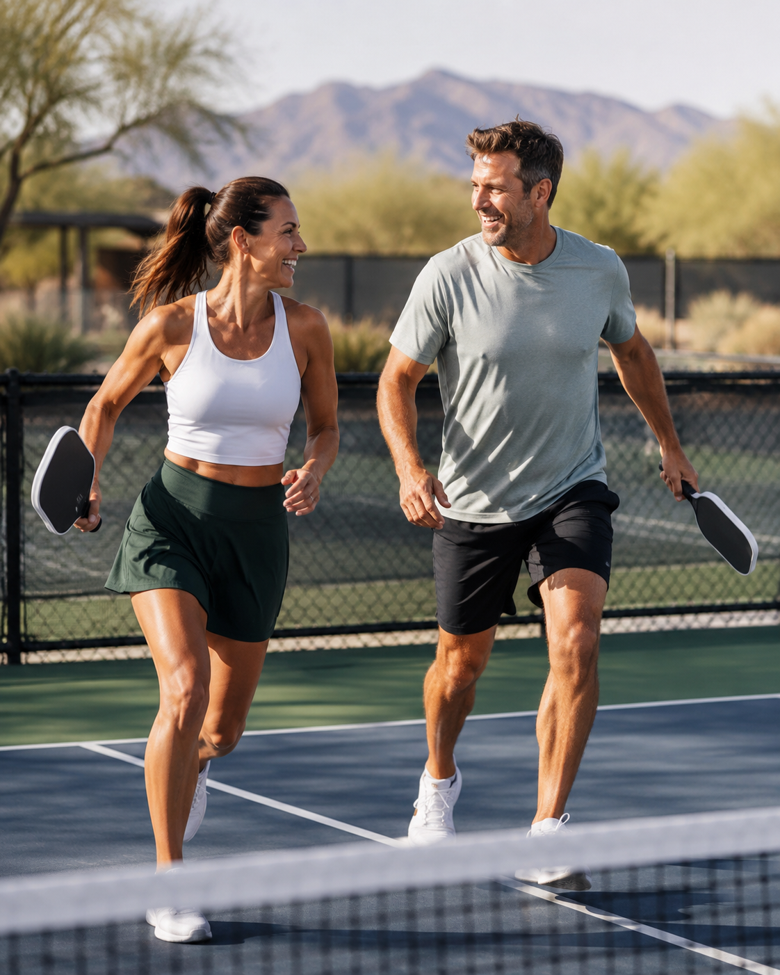 Active couple playing pickleball without glasses
