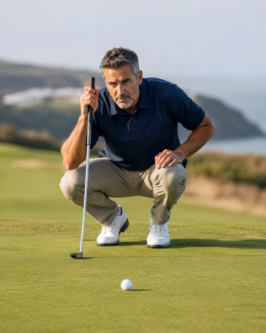 Golfer lining up a putt without glasses