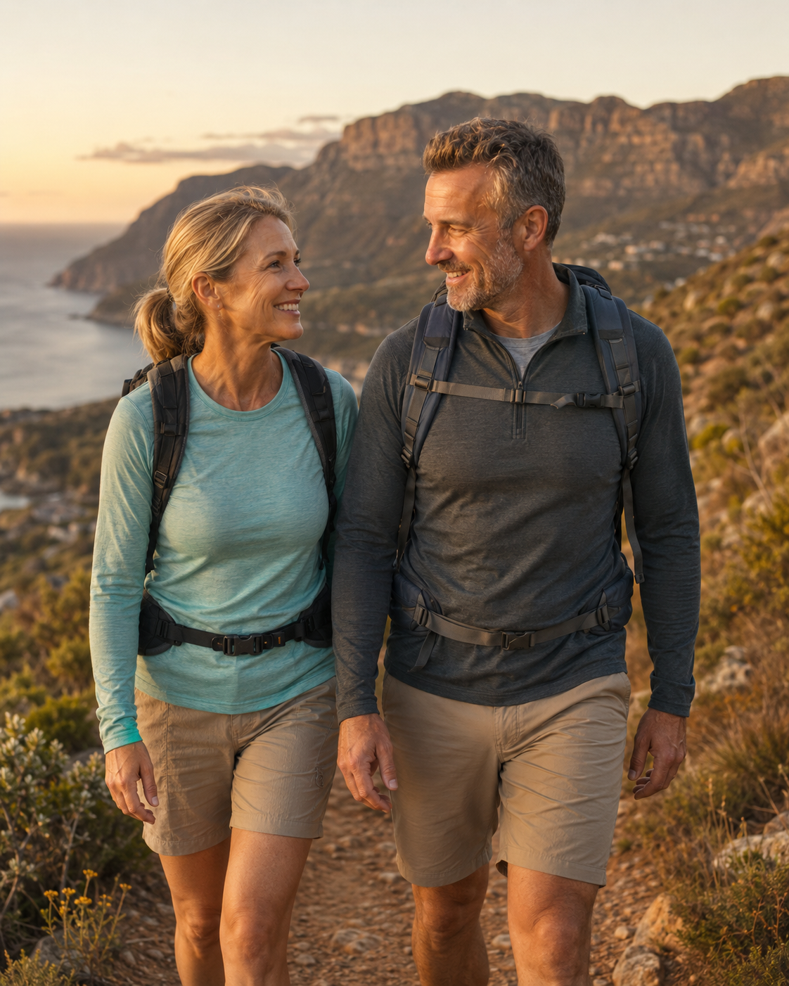 Active couple hiking together without glasses